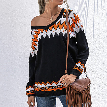 Geometric Color-Blocked Knit Pullover with V-Neck