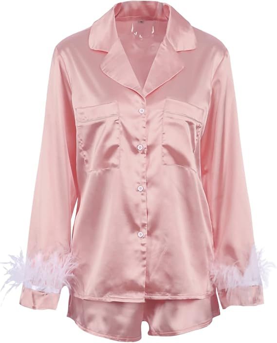 Solid Satin Pajama Set with Feather Trim Cuffs