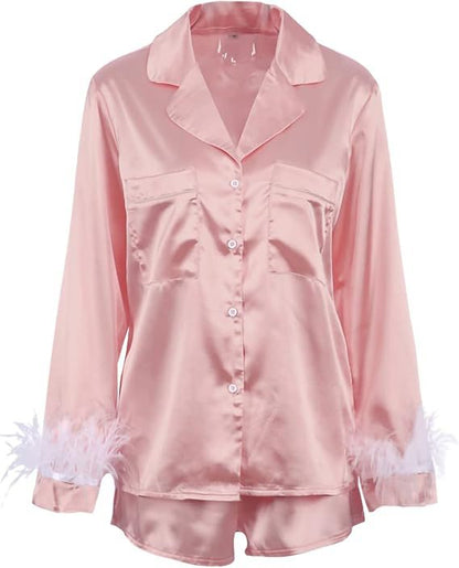 Solid Satin Pajama Set with Feather Trim Cuffs