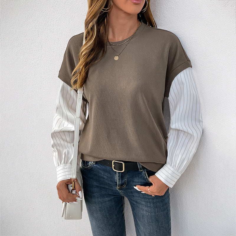 Fake Two-Piece Ribbed Knit Top with Striped Sleeves