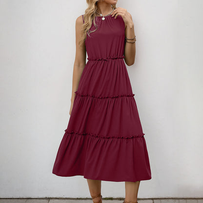 Tiered A-Line Midi Dress with Crewneck and Ruffle Trim