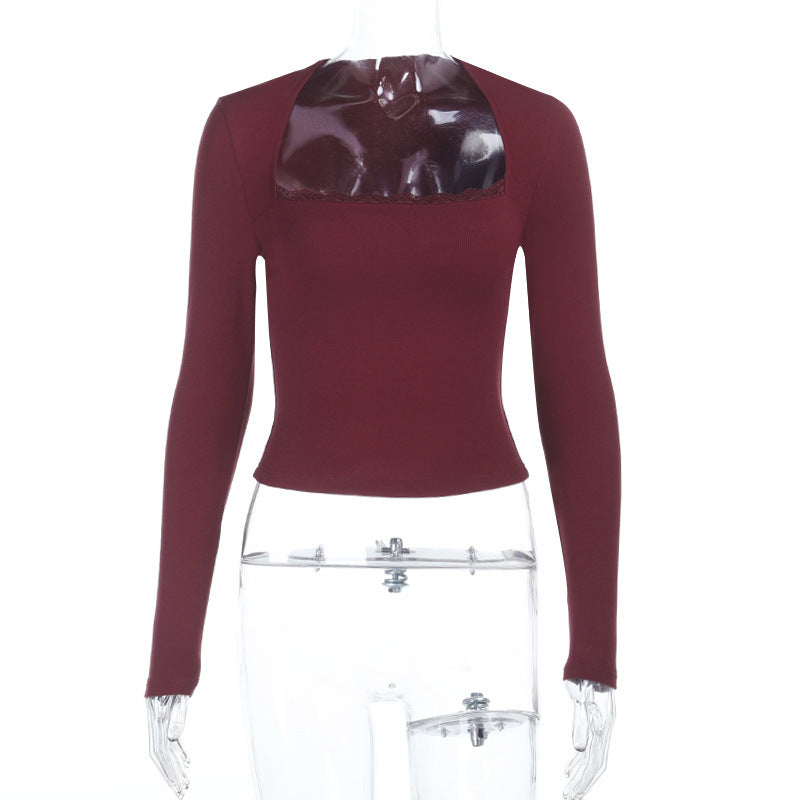 Slim Fit Square Neck Top with Scalloped Trim and Long Sleeves