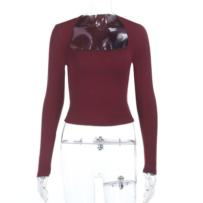 Slim Fit Square Neck Top with Scalloped Trim and Long Sleeves