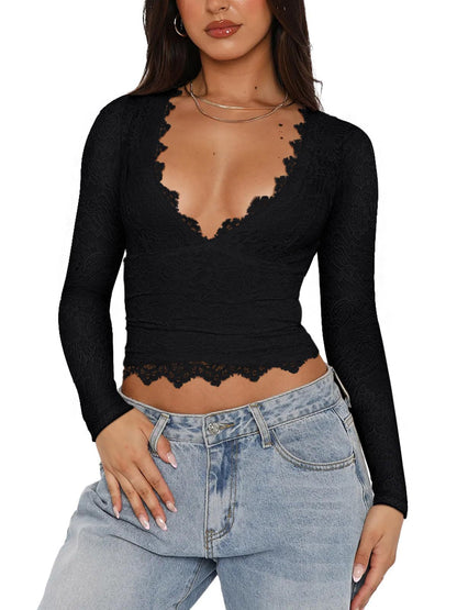 Long Sleeve Lace Crop Top with Scalloped V-Neck