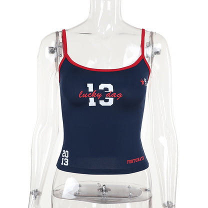 Slim Fit Cropped Camisole with Contrast Trim and Graphic Print