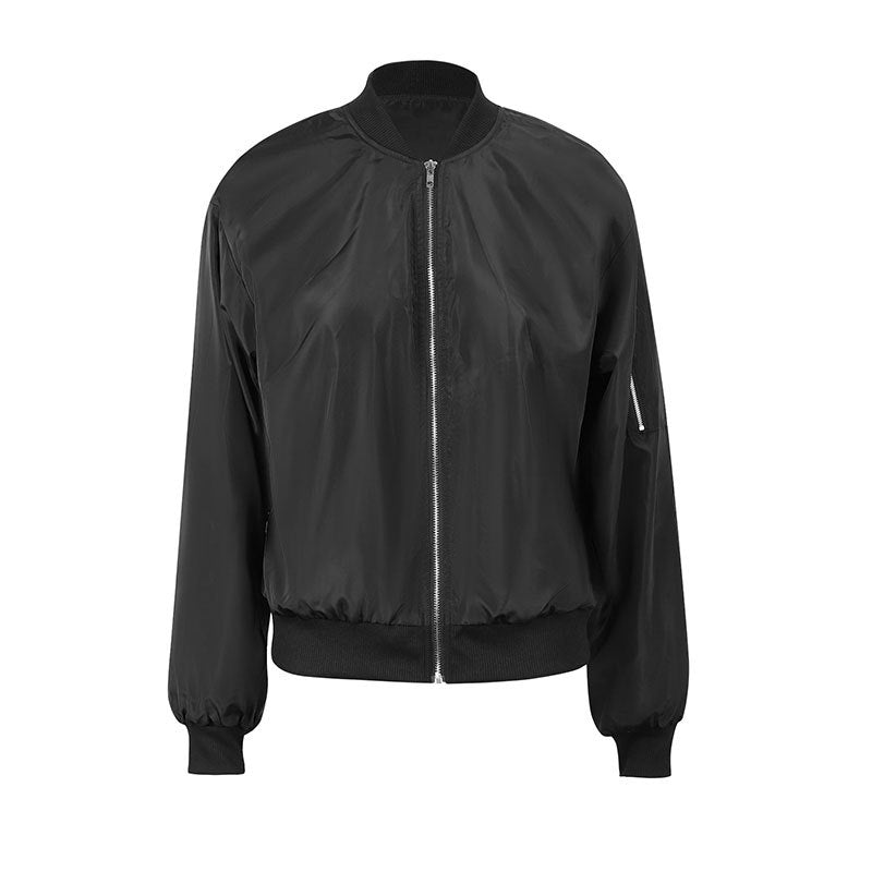 Solid Bomber Jacket with Zipper Front and Ribbed Trim