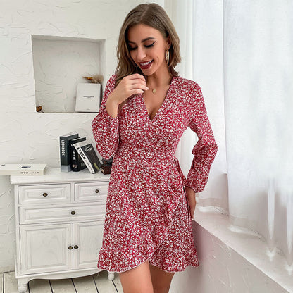Floral A-Line Mini Dress with V-Neck and Ruffle Hem