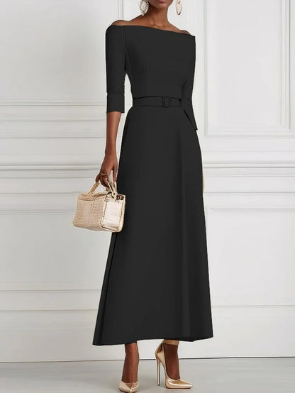 Fit-and-Flare Midi Dress with Off-Shoulder Neck, 3/4 Sleeves, and Belt