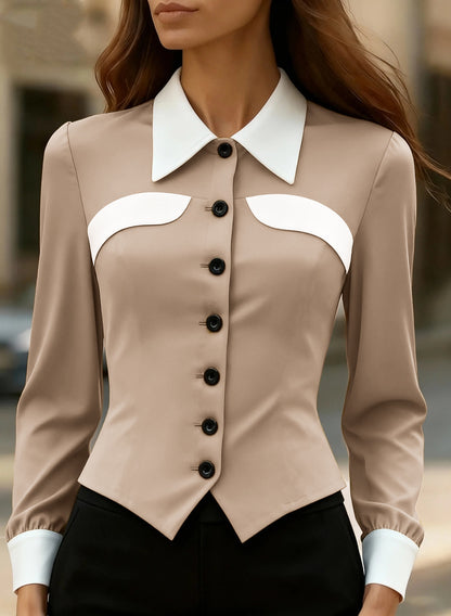 Slim Fit Contrasting Panel Blouse with Pointed Hem