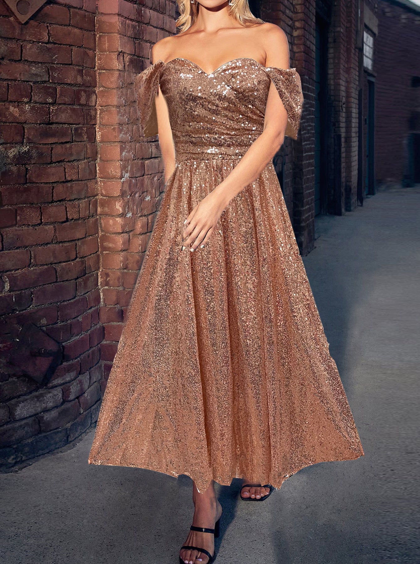 Sequined A-Line Midi Dress with Off-Shoulder Sweetheart Neckline