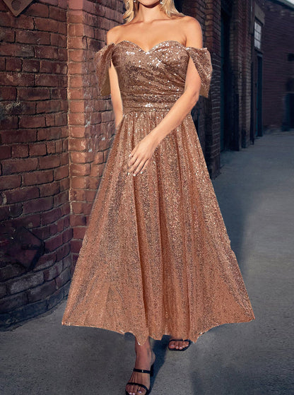 Sequined A-Line Midi Dress with Off-Shoulder Sweetheart Neckline