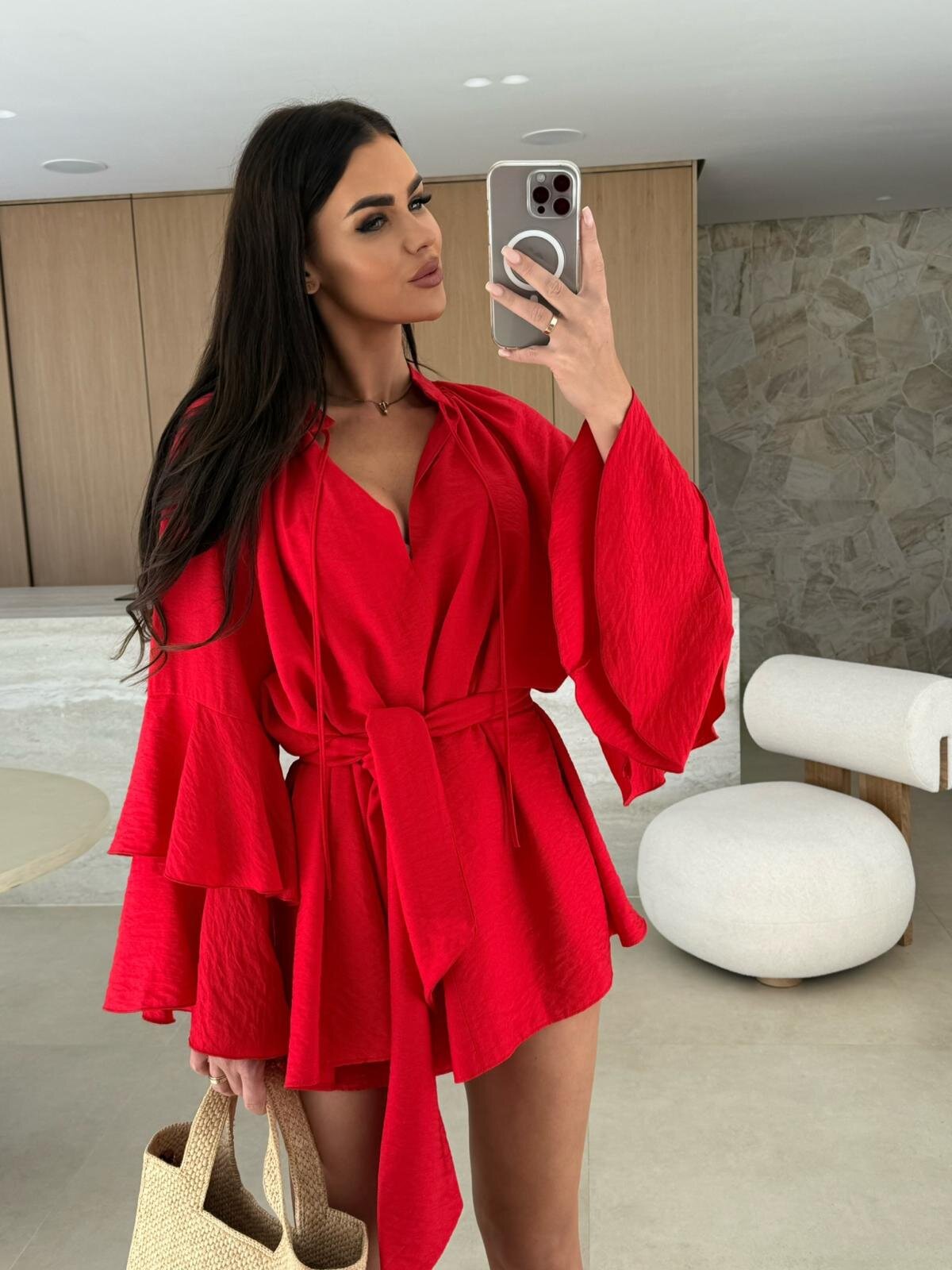 Loose Mini Dress with Tiered Bell Sleeves and Tie-Waist
