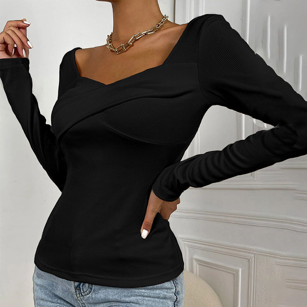 Slim Fit Ribbed Knit Top with Square Neck and Criss-Cross Detail