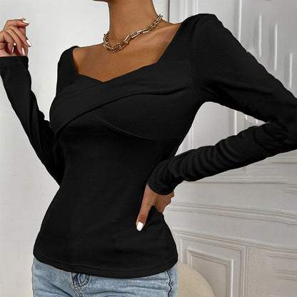 Slim Fit Ribbed Knit Top with Square Neck and Criss-Cross Detail