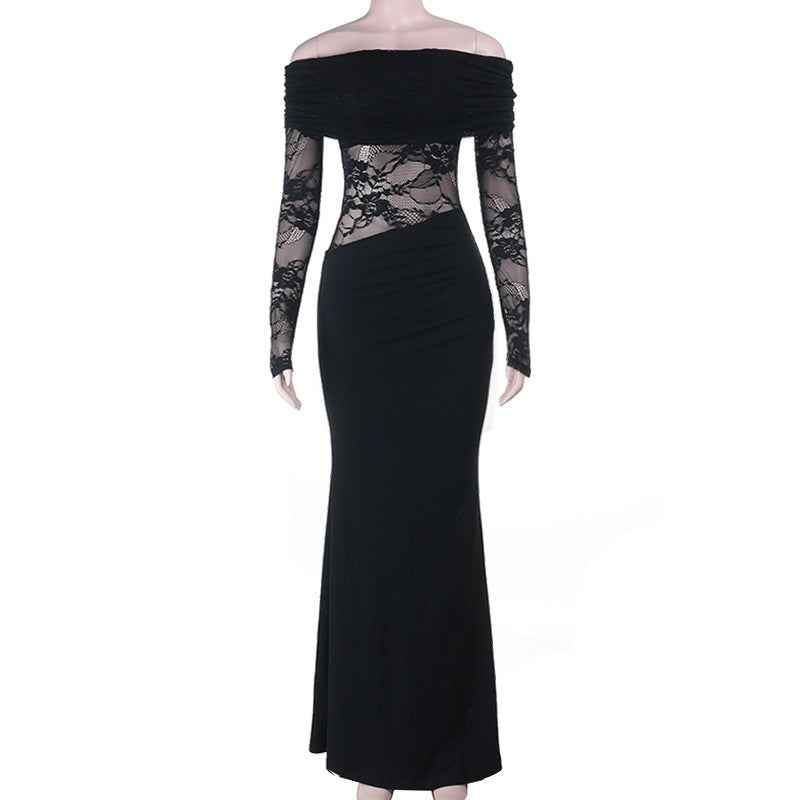 Off-the-Shoulder Bodycon Maxi Dress with Lace Splicing