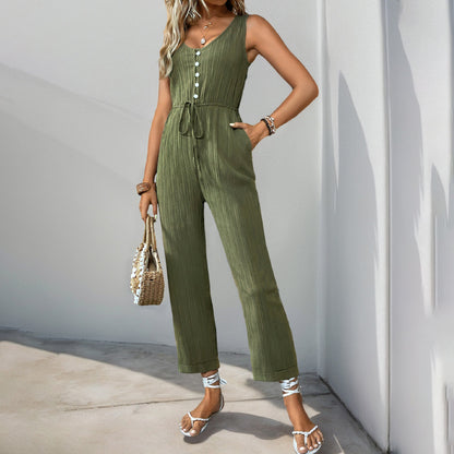 Textured Sleeveless Jumpsuit with Button Front and Drawstring Waist