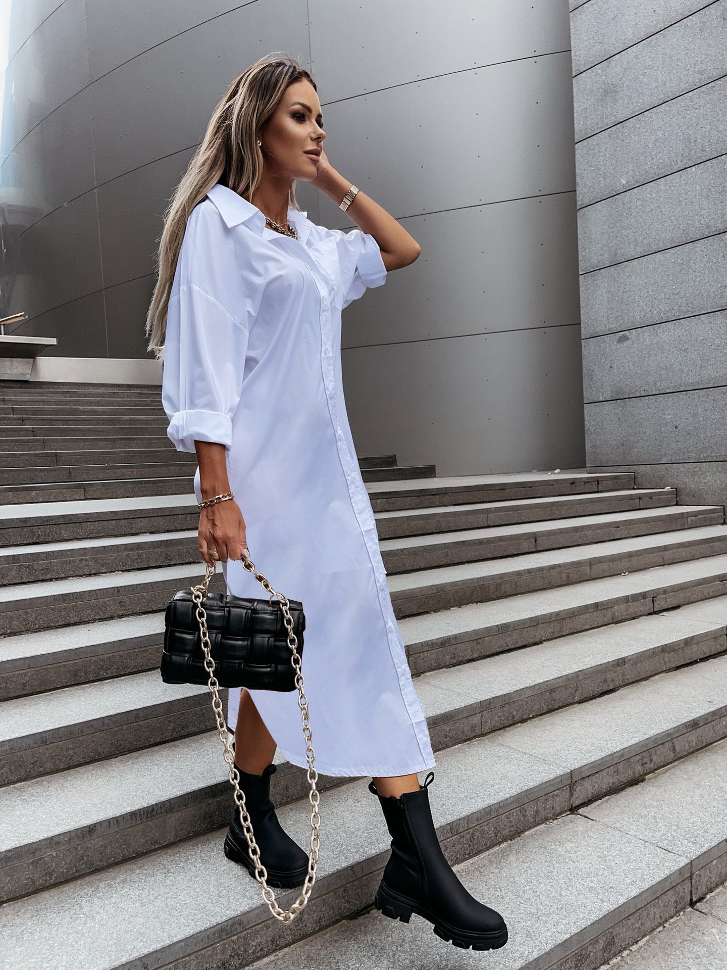 Loose Collared Midi Shirt Dress with Button Front