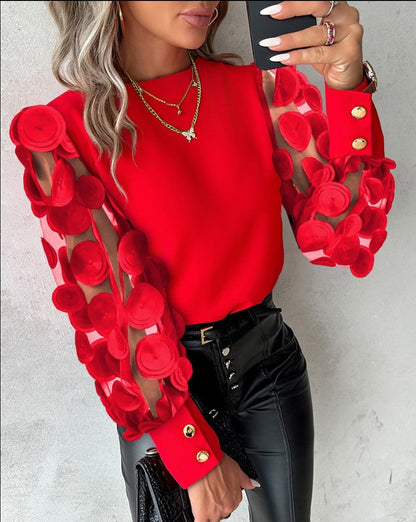 Round Neck Blouse with Embellished Sheer Long Sleeves