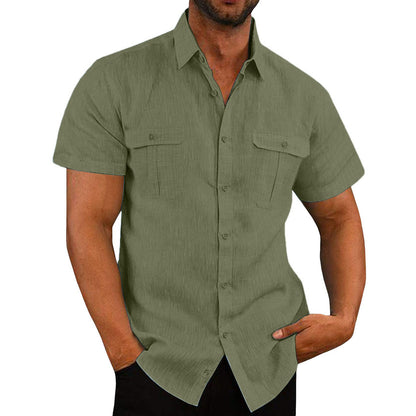 Solid Short Sleeve Linen Blend Shirt with Double Pockets