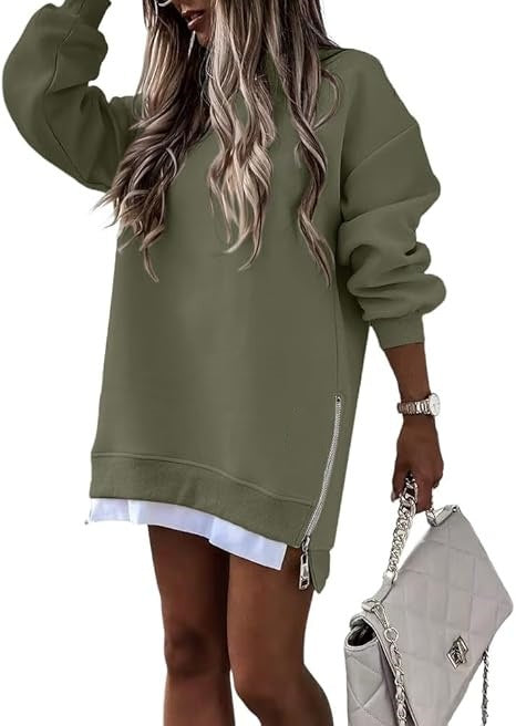 Oversized Sweatshirt Tunic with Side Zippers and Faux Layered Hem