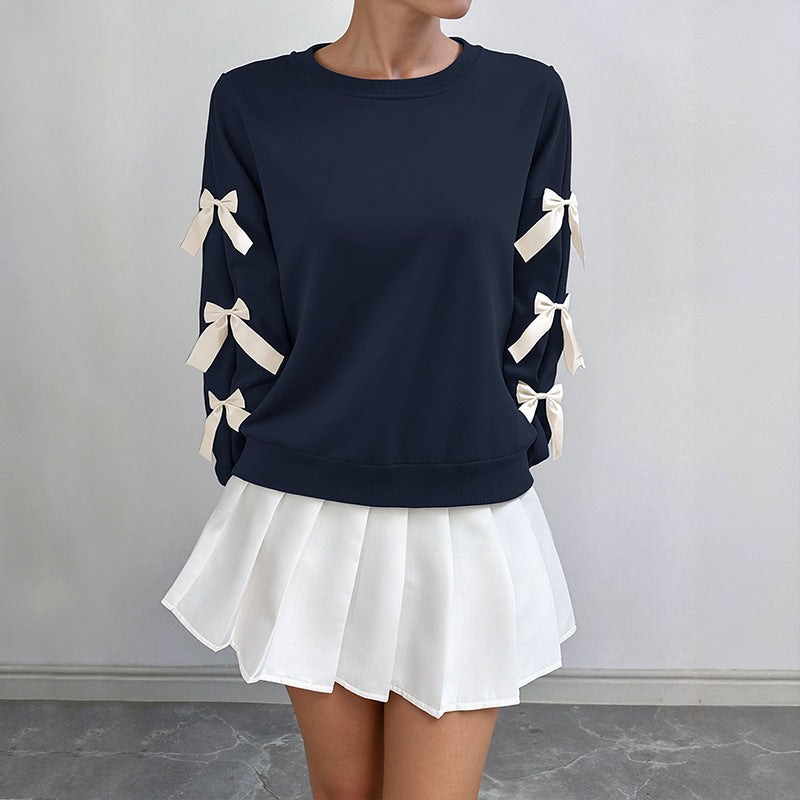 Loose Solid Sweatshirt with Bowknot Sleeve Details