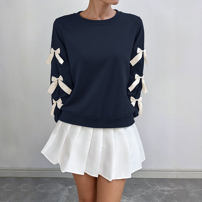 Loose Solid Sweatshirt with Bowknot Sleeve Details