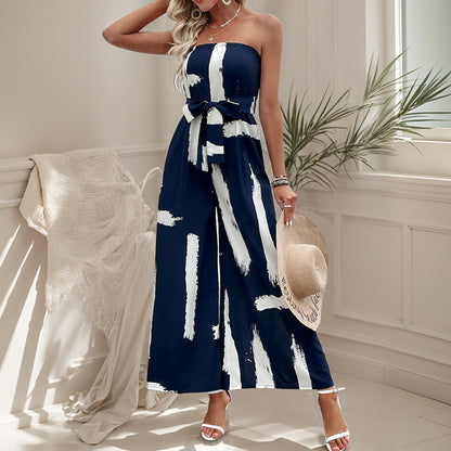 Strapless Wide-Leg Jumpsuit with Brush Stroke Print