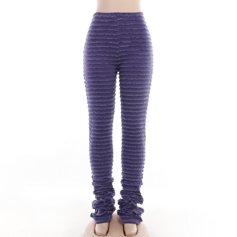 Striped High-Waist Knit Trousers with Fringed Detail