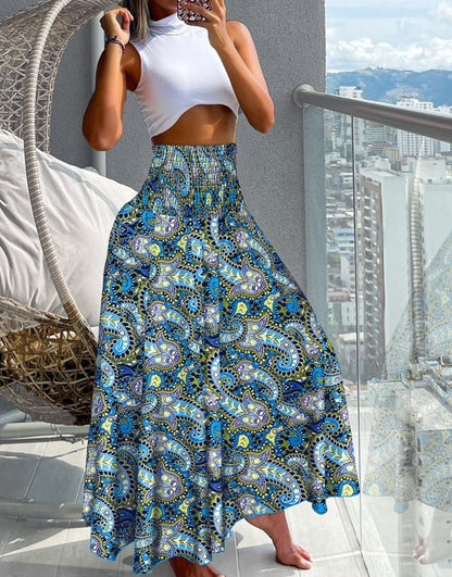High-Waist Shirred Maxi Skirt with Print