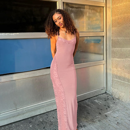 Bodycon Maxi Dress with Lace Trim and High Slit
