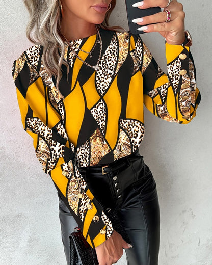 Geometric & Leopard Print Blouse with Round Neck and Button Cuffs
