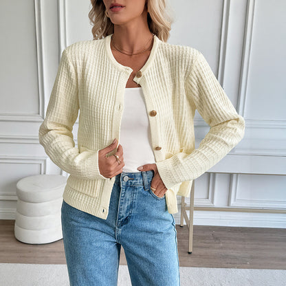 Solid Knit Cardigan with Round Neck and Button Front