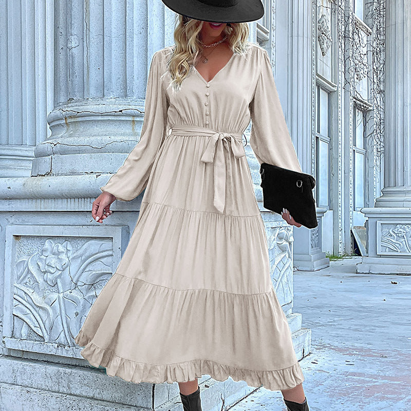 Solid Color Tiered Midi Dress with V-Neck and Tie Waist