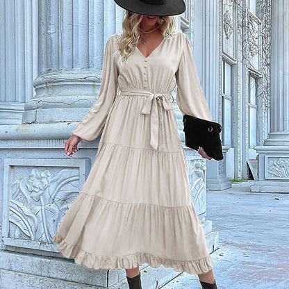Solid Color Tiered Midi Dress with V-Neck and Tie Waist