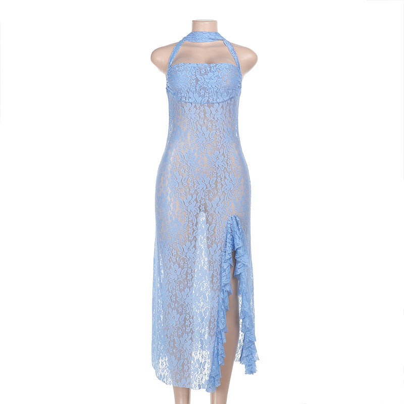 Sheer Lace Halter Midi Dress with Asymmetric Hem