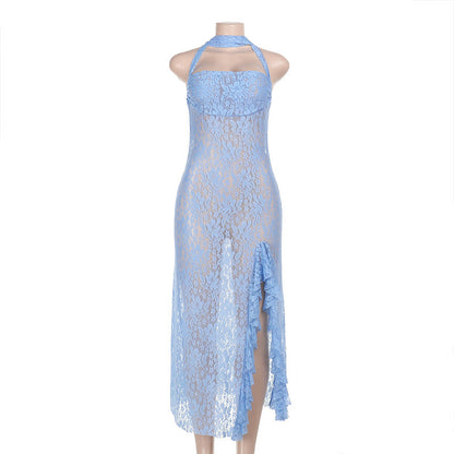 Sheer Lace Halter Midi Dress with Asymmetric Hem