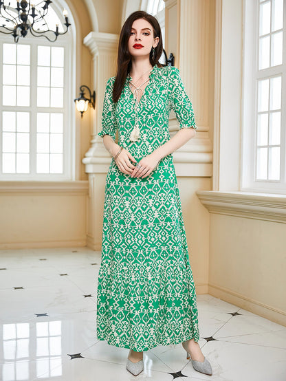 Tiered Geometric Midi Dress with V-Neck and Tassel Tie