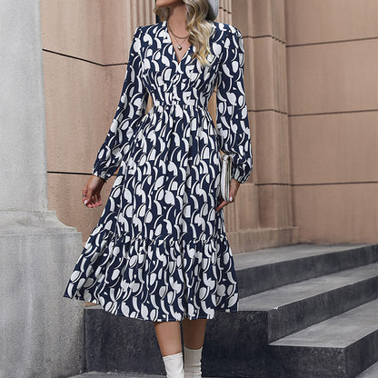 Irregular Print Midi Dress with V-Neck and Long Sleeves