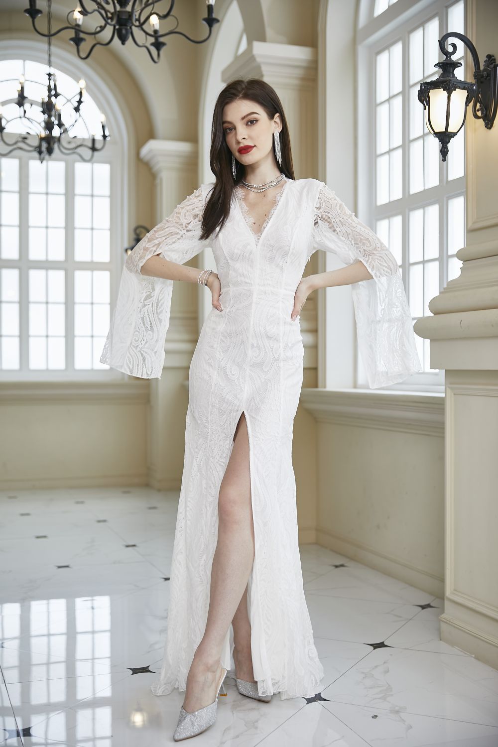 Lace Maxi Dress with Deep V-Neck and Bell Sleeves