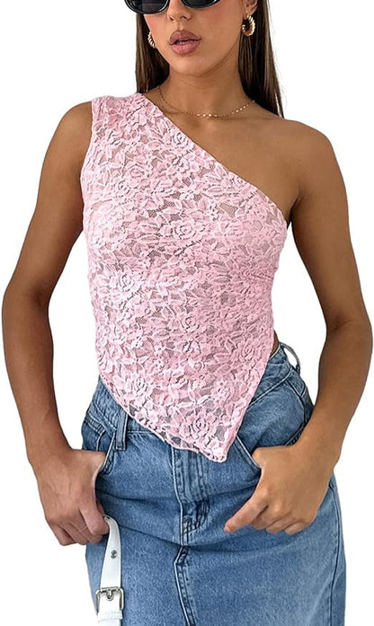 One-Shoulder Lace Top with Handkerchief Hem and Tie-Back