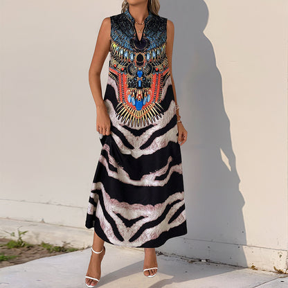 Tribal & Zebra Print A-Line Maxi Dress with Stand Collar