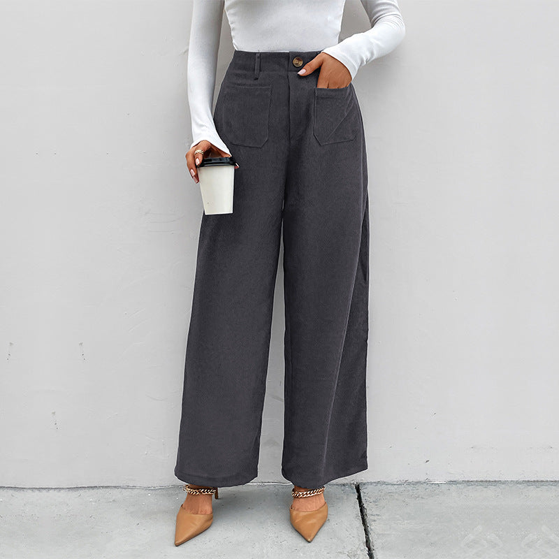 High-Waist Wide-Leg Corduroy Pants with Patch Pockets