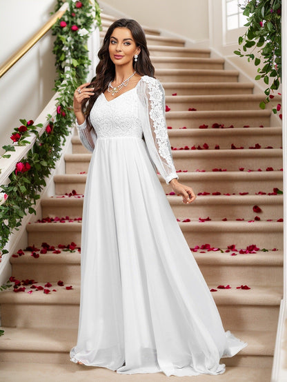 A-Line Chiffon Maxi Dress with Lace Puff Sleeves and Slit