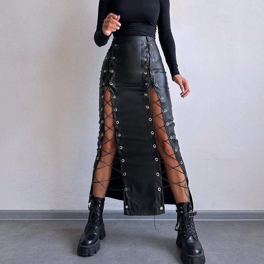 Bodycon PU Leather Midi Skirt with Lace-Up Slits