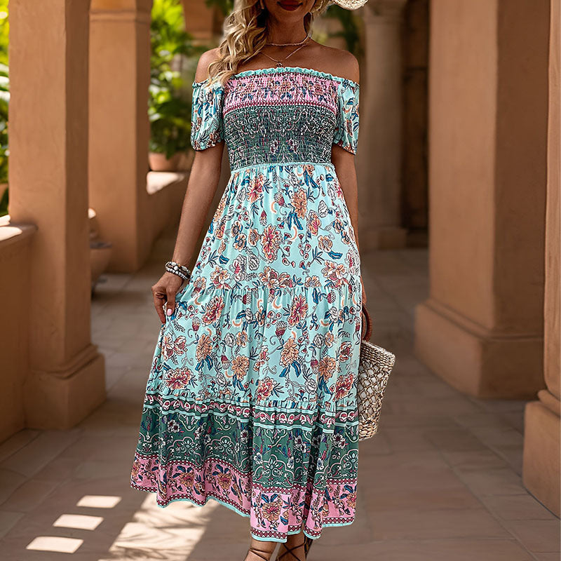 Floral Print Midi Dress with Off-Shoulder & Smocked Bodice