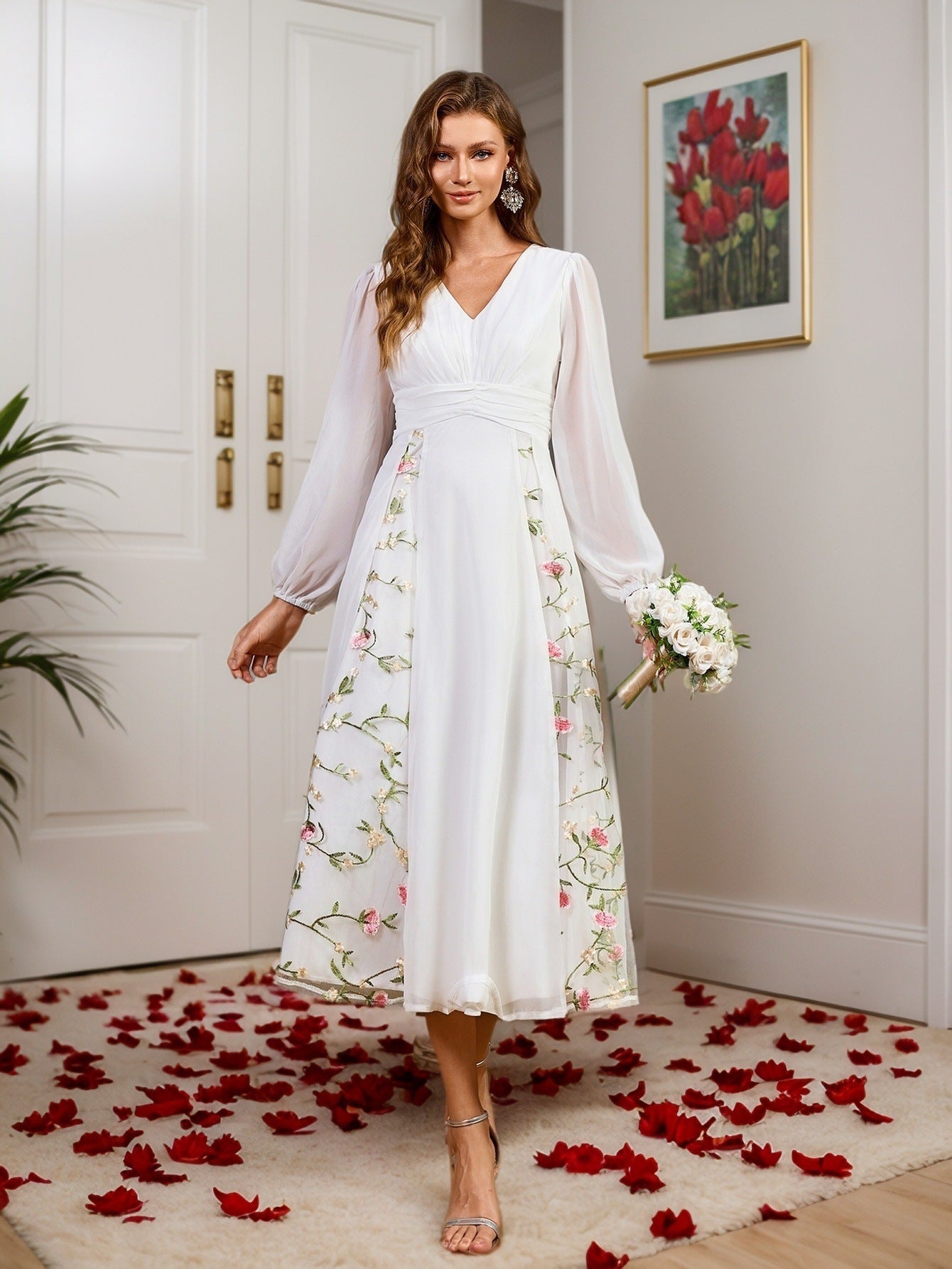 Floral Embroidered Midi Dress with V-Neck and Long Sleeves