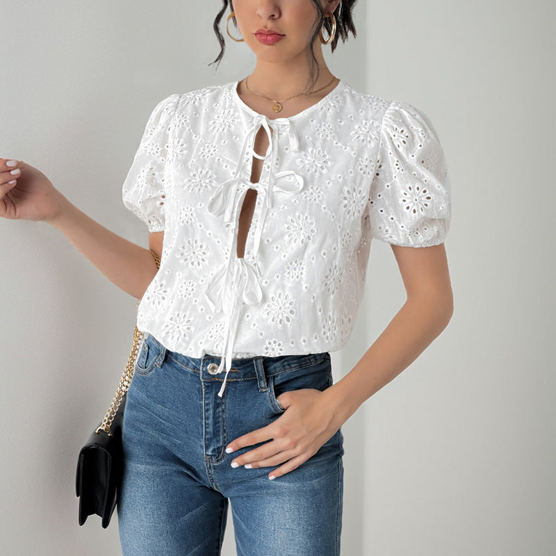 Eyelet Bodysuit with Puff Sleeves and Lace-Up Front