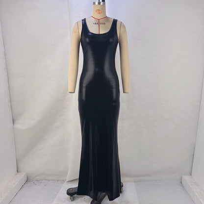 Ruched Metallic Bodycon Maxi Dress with Scoop Neck