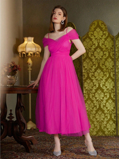 A-Line Midi Dress with V-Neck and Mesh Off-Shoulder Sleeves