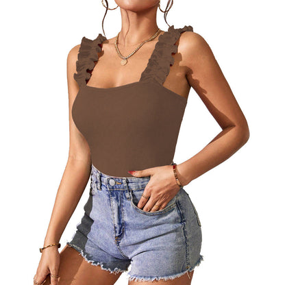 Ribbed Knit Bodysuit with Ruffle Straps and Square Neck
